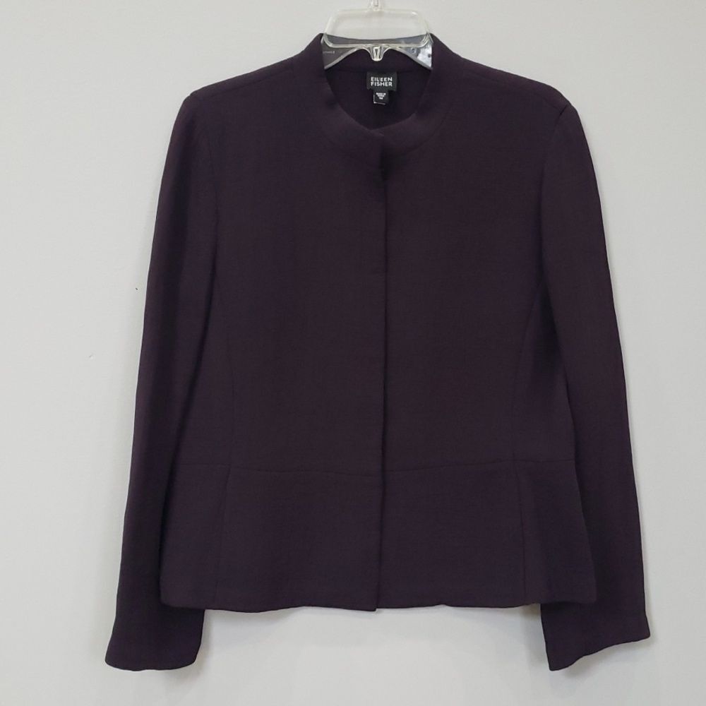 Eileen Fisher Jacket Womens Medium Plum Purple Peplum Blazer Silk Blend